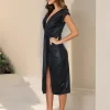 Elegant V-Neck Polyester Slit Solid Color Short Sleeve Midi Dress - Image 8