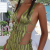 Zebra Print Deep V-Neck Backless Bandage Swimsuit  Shorts Matching Beach 2 Piece Set - Image 3