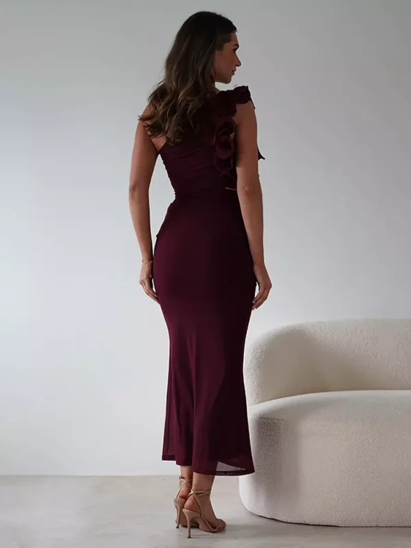 Elegant Ruffles One-Shoulder Cutout Waist Mermaid Long Dress - Image 16