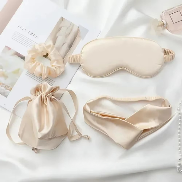 4PCS Silk Eye Mask Set with Hair Bands Storage Bag Comfortable Sleeping Mask - Image 4