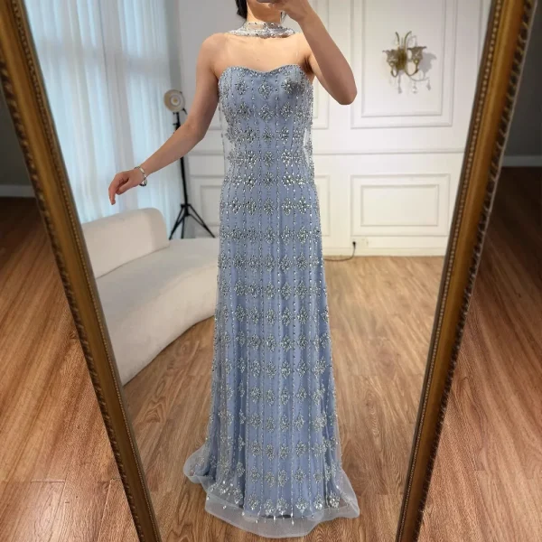 Elegant Strapless Beaded Mermaid Floor-Length Wedding Party Maxi Dress - Image 6