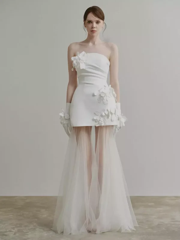 Flowers Strapless Sleeveless A-Line Bridal Short Wedding Dress - Image 2