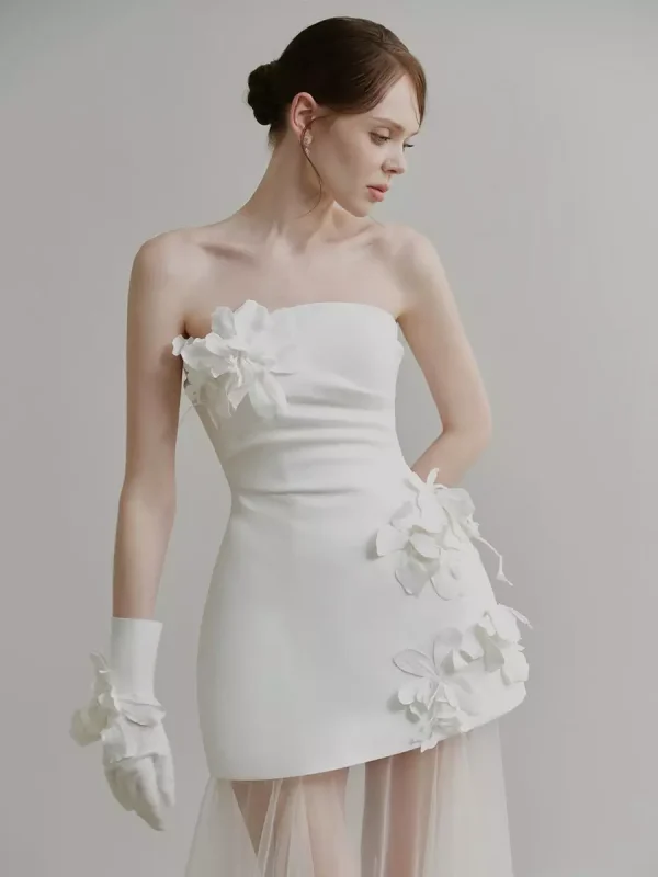 Flowers Strapless Sleeveless A-Line Bridal Short Wedding Dress - Image 3