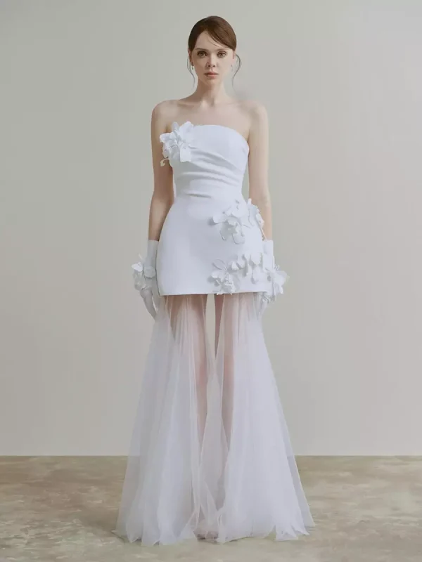 Flowers Strapless Sleeveless A-Line Bridal Short Wedding Dress