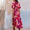 Bohemian Floral Print With V-neck And Side Slit Wrap Midi Dress - Image 3