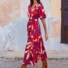 Bohemian Floral Print With V-neck And Side Slit Wrap Midi Dress - Image 2