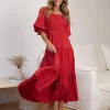 Bohemian Polka Dot Shirred With Half Sleeves Pleated Ruffles Maxi Dress