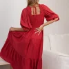 Bohemian Polka Dot Shirred With Half Sleeves Pleated Ruffles Maxi Dress - Image 4