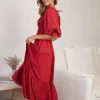 Bohemian Polka Dot Shirred With Half Sleeves Pleated Ruffles Maxi Dress - Image 3