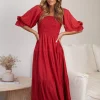 Bohemian Polka Dot Shirred With Half Sleeves Pleated Ruffles Maxi Dress - Image 2