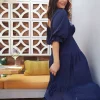 Bohemian Polka Dot Shirred With Half Sleeves Pleated Ruffles Maxi Dress - Image 7