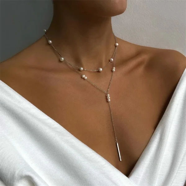 Boho Imitation Pearl Droplet Multilayer Beads Tassel Pendant Necklace