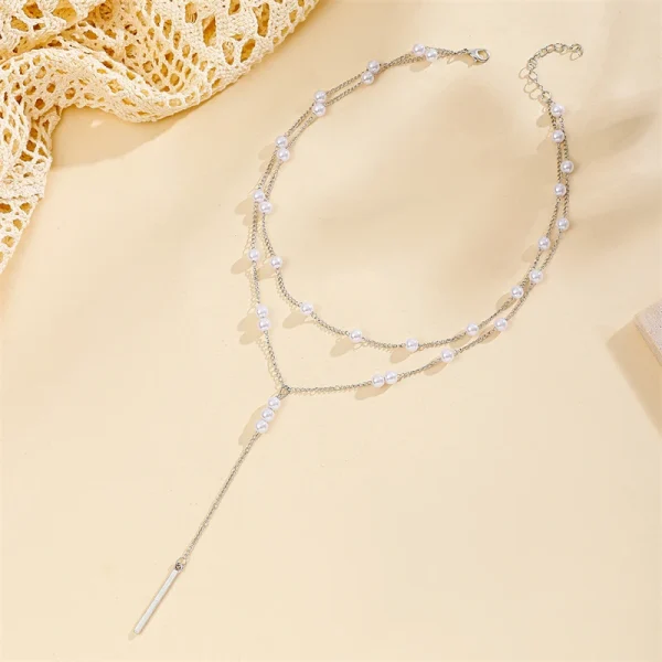 Boho Imitation Pearl Droplet Multilayer Beads Tassel Pendant Necklace - Image 2