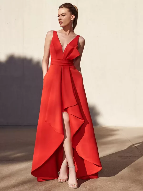 Casual A-Line V-Neck Floor-Length Sleeveless Backless Pleated Satin Fabric Formal Evening Party Dresses