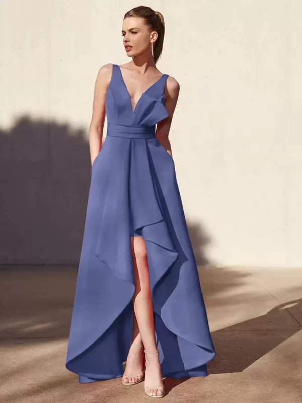 Casual A-Line V-Neck Floor-Length Sleeveless Backless Pleated Satin Fabric Formal Evening Party Dresses - Image 10