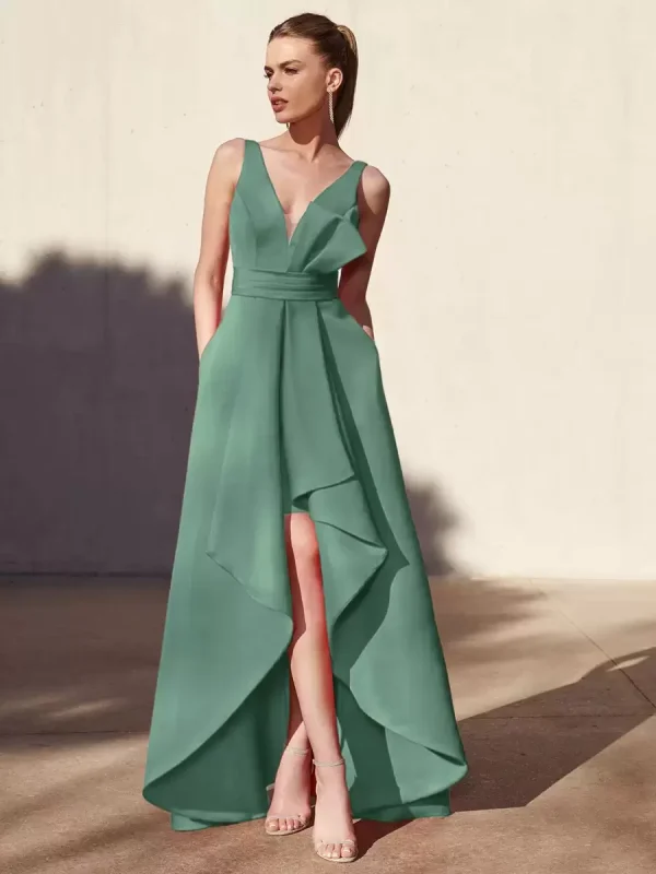 Casual A-Line V-Neck Floor-Length Sleeveless Backless Pleated Satin Fabric Formal Evening Party Dresses - Image 11