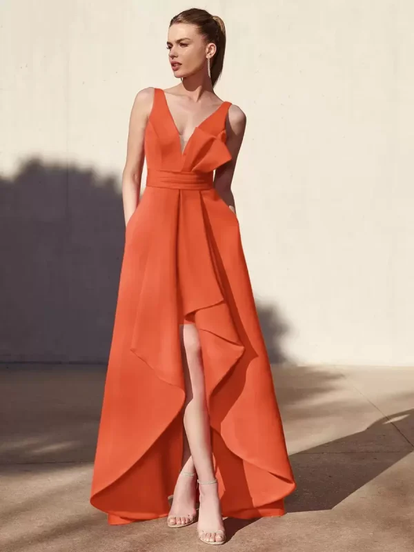 Casual A-Line V-Neck Floor-Length Sleeveless Backless Pleated Satin Fabric Formal Evening Party Dresses - Image 12