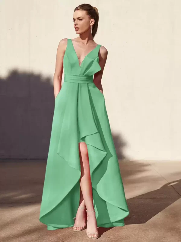Casual A-Line V-Neck Floor-Length Sleeveless Backless Pleated Satin Fabric Formal Evening Party Dresses - Image 13