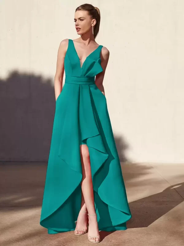 Casual A-Line V-Neck Floor-Length Sleeveless Backless Pleated Satin Fabric Formal Evening Party Dresses - Image 14