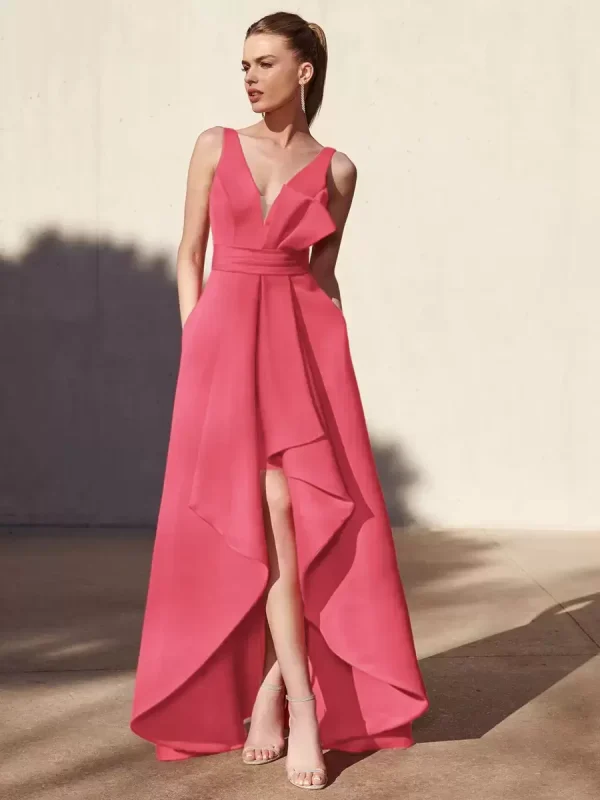 Casual A-Line V-Neck Floor-Length Sleeveless Backless Pleated Satin Fabric Formal Evening Party Dresses - Image 15