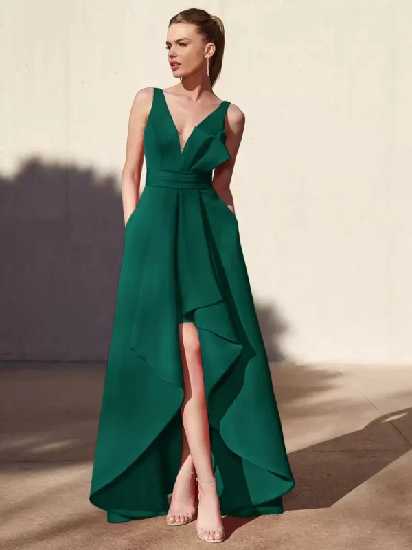 Casual A-Line V-Neck Floor-Length Sleeveless Backless Pleated Satin Fabric Formal Evening Party Dresses - Image 16
