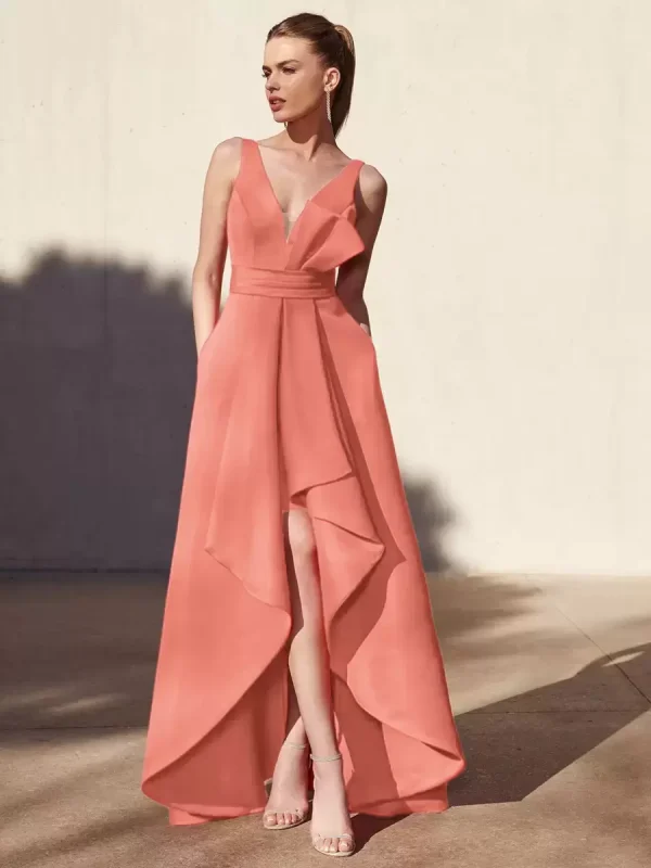 Casual A-Line V-Neck Floor-Length Sleeveless Backless Pleated Satin Fabric Formal Evening Party Dresses - Image 17