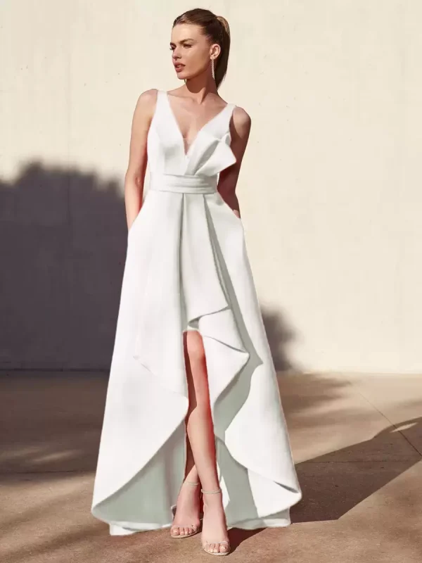 Casual A-Line V-Neck Floor-Length Sleeveless Backless Pleated Satin Fabric Formal Evening Party Dresses - Image 18