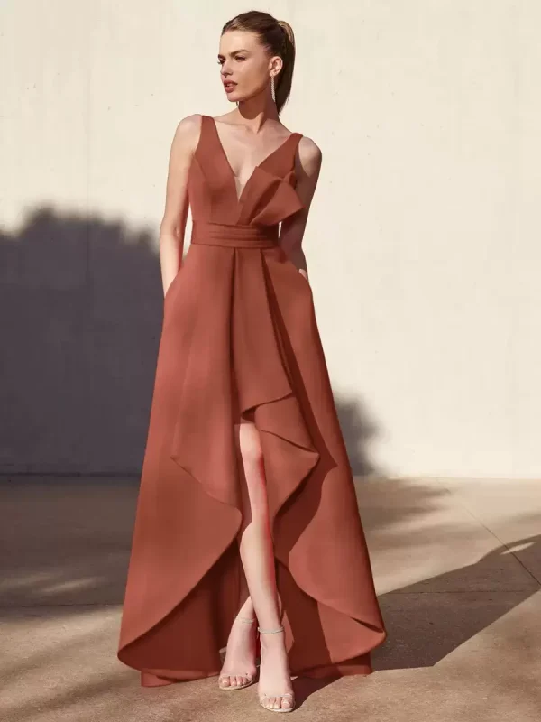 Casual A-Line V-Neck Floor-Length Sleeveless Backless Pleated Satin Fabric Formal Evening Party Dresses - Image 19