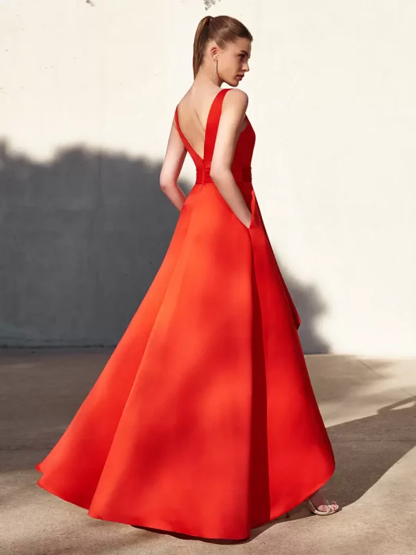 Casual A-Line V-Neck Floor-Length Sleeveless Backless Pleated Satin Fabric Formal Evening Party Dresses - Image 2