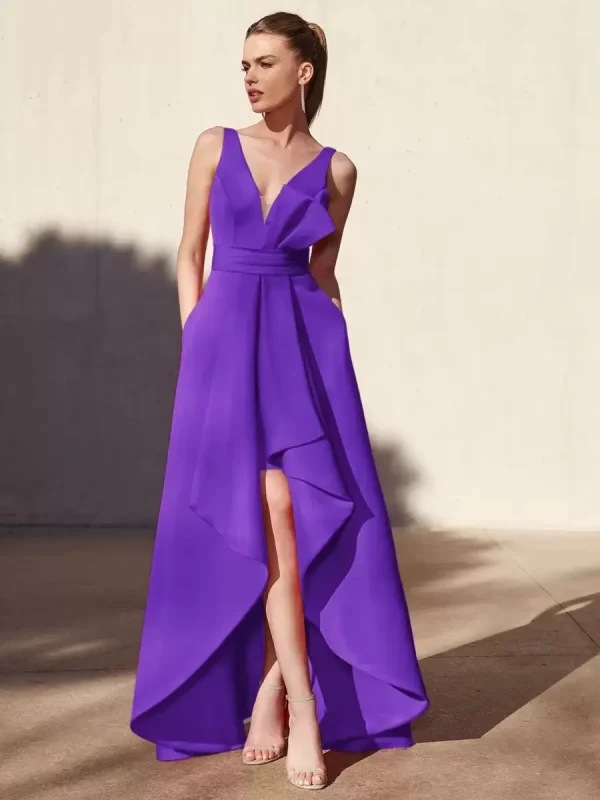 Casual A-Line V-Neck Floor-Length Sleeveless Backless Pleated Satin Fabric Formal Evening Party Dresses - Image 20