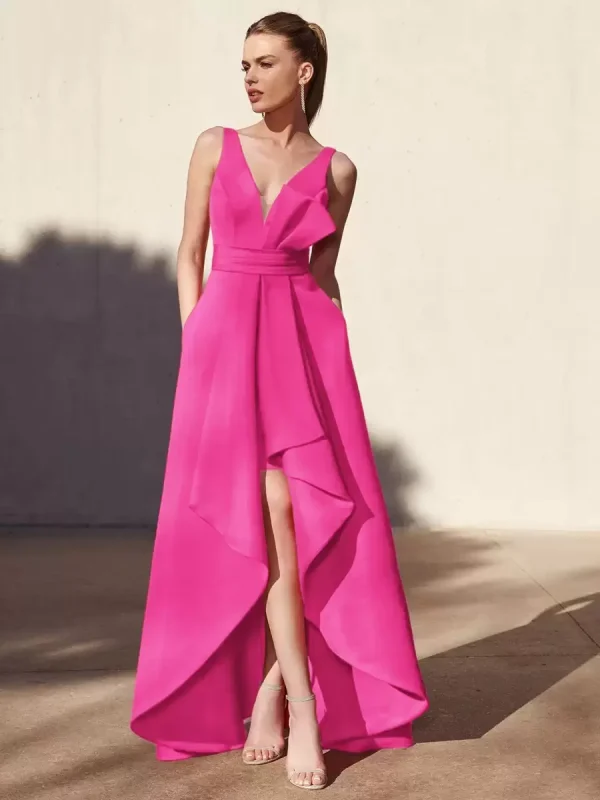 Casual A-Line V-Neck Floor-Length Sleeveless Backless Pleated Satin Fabric Formal Evening Party Dresses - Image 3