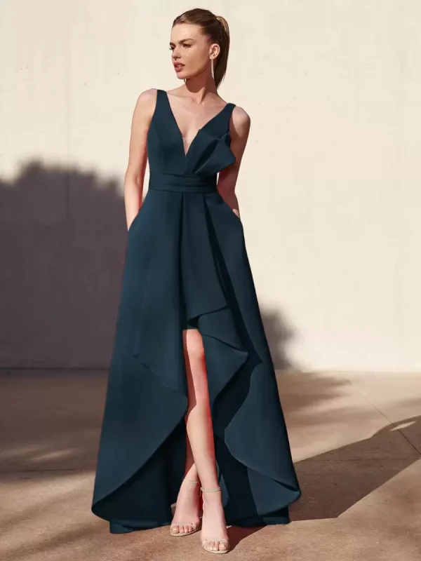 Casual A-Line V-Neck Floor-Length Sleeveless Backless Pleated Satin Fabric Formal Evening Party Dresses - Image 4