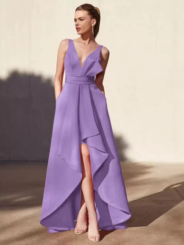 Casual A-Line V-Neck Floor-Length Sleeveless Backless Pleated Satin Fabric Formal Evening Party Dresses - Image 5