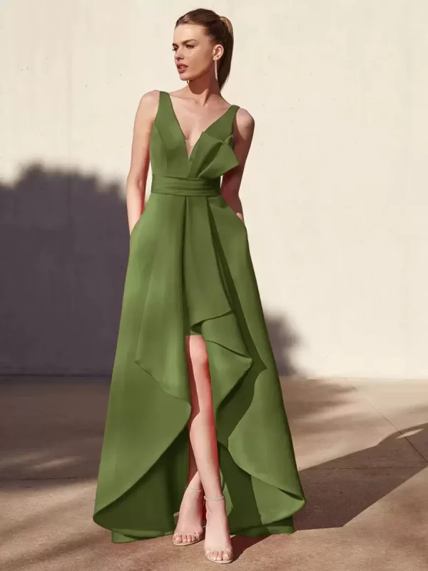 Casual A-Line V-Neck Floor-Length Sleeveless Backless Pleated Satin Fabric Formal Evening Party Dresses - Image 6
