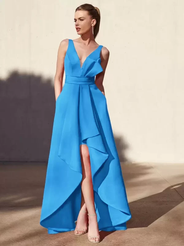 Casual A-Line V-Neck Floor-Length Sleeveless Backless Pleated Satin Fabric Formal Evening Party Dresses - Image 7