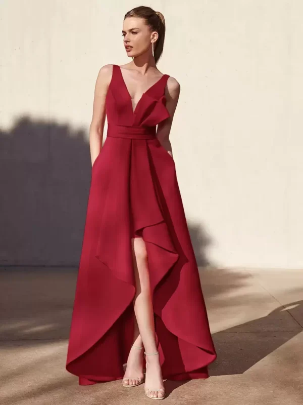 Casual A-Line V-Neck Floor-Length Sleeveless Backless Pleated Satin Fabric Formal Evening Party Dresses - Image 8