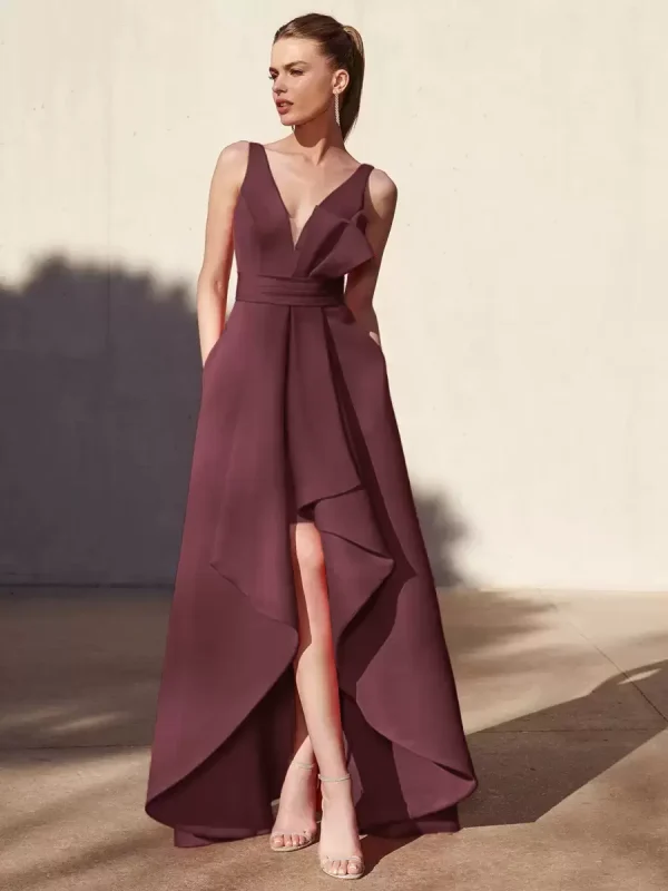 Casual A-Line V-Neck Floor-Length Sleeveless Backless Pleated Satin Fabric Formal Evening Party Dresses - Image 9