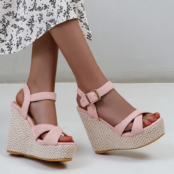 Casual Gladiator Solid Buckle Strap Wedge Sandals - Image 4
