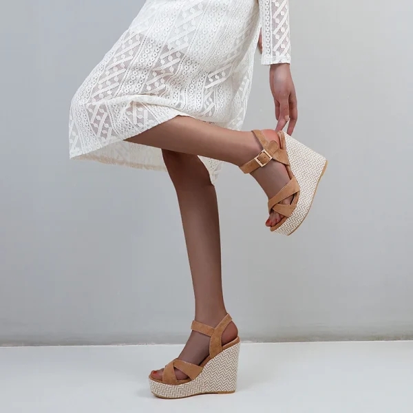 Casual Gladiator Solid Buckle Strap Wedge Sandals - Image 9