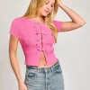 Casual Jewel Neck High Elasticity Short Sleeves With Tie Front Crop Top - Image 3