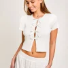Casual Jewel Neck High Elasticity Short Sleeves With Tie Front Crop Top - Image 9