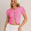 Casual Jewel Neck High Elasticity Short Sleeves With Tie Front Crop Top - Image 2