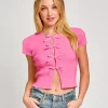 Casual Jewel Neck High Elasticity Short Sleeves With Tie Front Crop Top