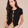 Casual Jewel Neck High Elasticity Short Sleeves With Tie Front Crop Top - Image 5