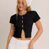 Casual Jewel Neck High Elasticity Short Sleeves With Tie Front Crop Top - Image 6