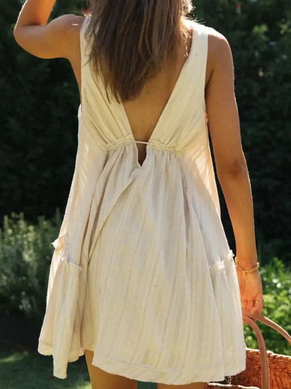 Casual Natural Waistline Sleeveless Lantern Sleeve V-Neck Tie Front Mini - Image 9