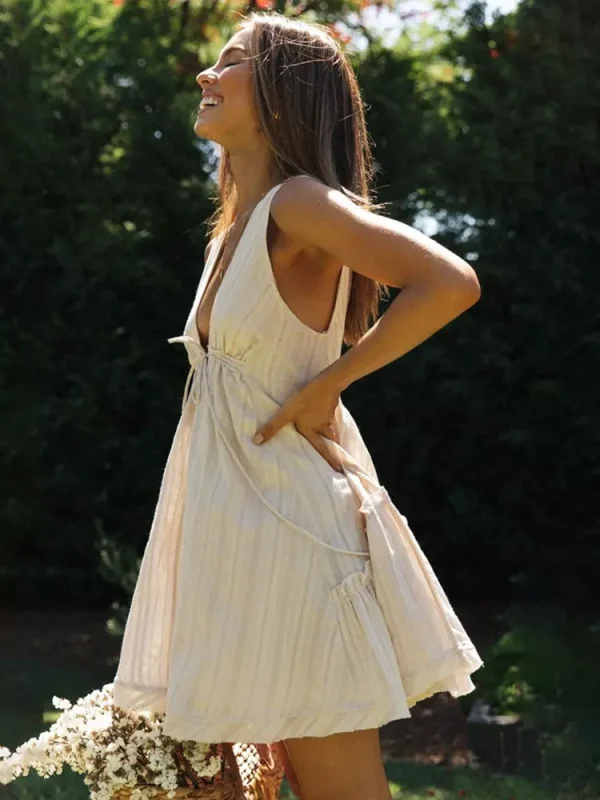 Casual Natural Waistline Sleeveless Lantern Sleeve V-Neck Tie Front Mini - Image 7