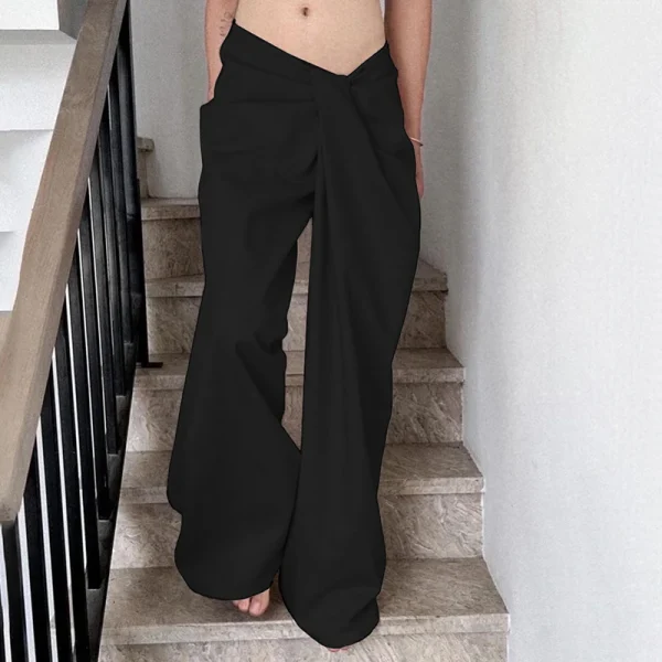 Casual Shirring Loose Fit Zipper Fly Folds Non Stretch Straight Pants - Image 6