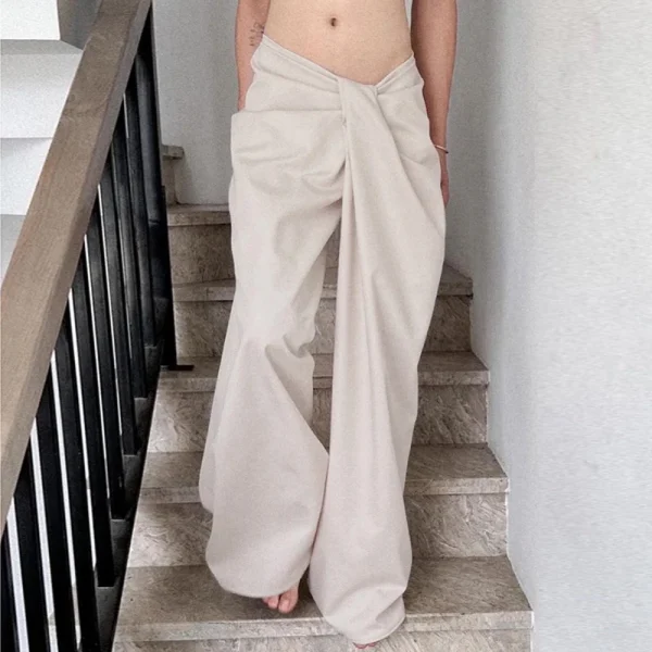 Casual Shirring Loose Fit Zipper Fly Folds Non Stretch Straight Pants