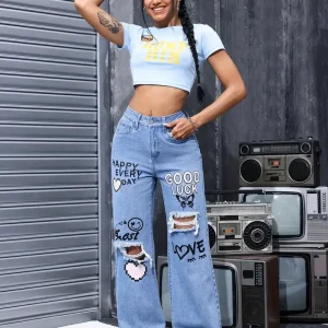 Classic High Waist Button Up Butterfly Print Ripped Straight Jeans